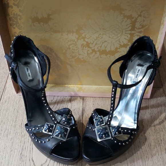 Like🆕️ Miu Miu T Strap Studded Heels - Picture 1 of 7
